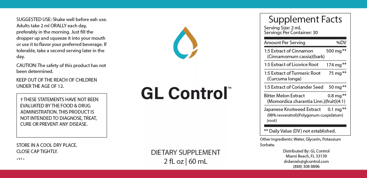 GL Control supplement facts label showing all 6 ingredients and dosages